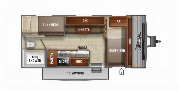 Explore this RV rental! Detailed floor plan of a travel trailer's interior: queen/bunk beds, kitchen, bath, dinette, and awning.. Jayco Jay Flight SLX 2022