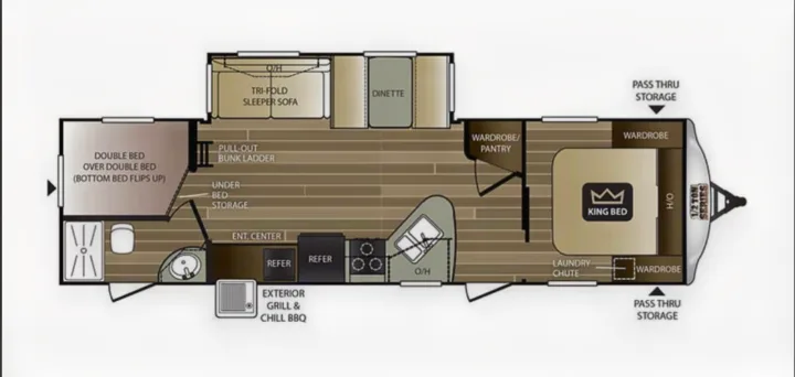 An RV rental floor plan, illustrating versatile sleeping (king, bunks, sofa, dinette), kitchen, bath, and abundant storage options.. Keystone Cougar Half-Ton 2018