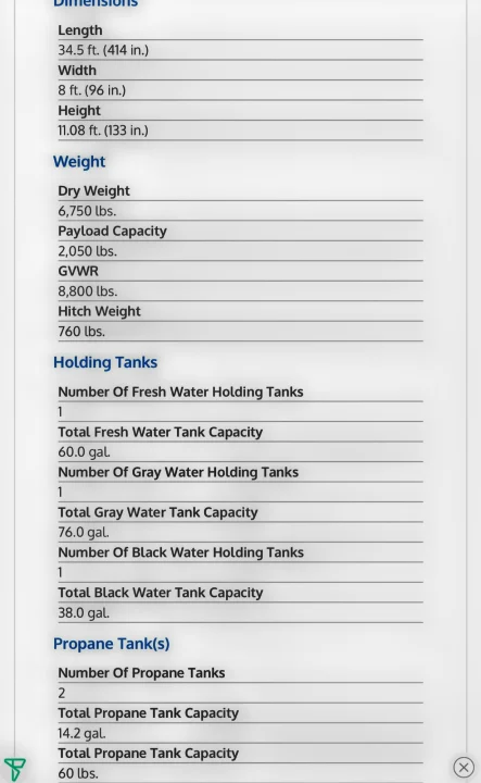 Detailed RV rental specifications: dimensions, weight, and tank capacities (fresh, gray, black, propane) for planning.. Keystone Cougar Half-Ton 2018