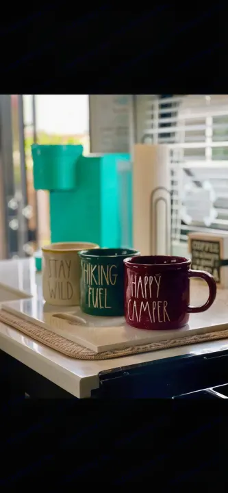 Three mugs: "Stay Wild," "Hiking Fuel," & "Happy Camper" – essential for your next RV rental adventure!. Forest River Wildwood 2020