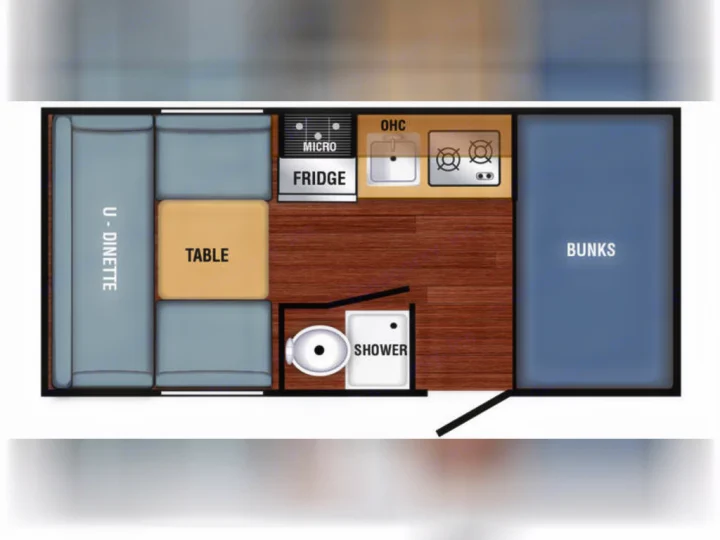 Detailed RV rental floor plan shows U-dinette, kitchen with microwave/fridge/stove, bathroom with shower/toilet, and bunks.. Braxton Creek Bushwhacker Plus 2021
