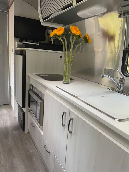 Inside our RV rental: A modern kitchenette with a sink, microwave, light cabinets, mounted TV, and a vase of sunflowers.. Airstream Sport 2019