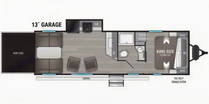RV rental floor plan: toy hauler with 13' garage, king bed, full bath, kitchen, and living area.. Cruiser Rv Corp MPG 2700TH 2022