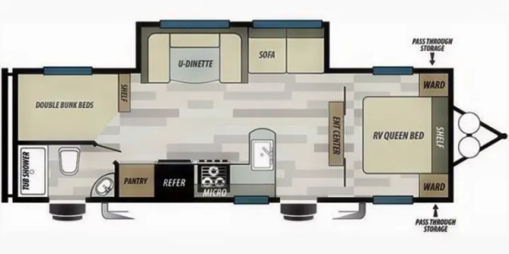 Detailed RV rental floor plan showing a queen bed, bunk beds, kitchen, dinette, sofa, and full bath.. Forest River Wildwood X-Lite 2020