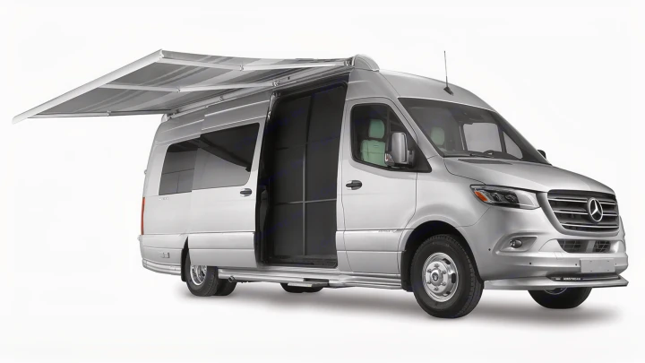 A silver Mercedes-Benz Sprinter van, configured as an RV, has its side awning extended and entry door open. Ideal for an rv rental.. Airstream Interstate 2021