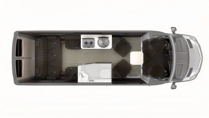 Overhead RV rental floor plan details interior layout: kitchen, bath, rear bench seating, and front swivel captain's chairs.. Airstream Interstate 2021