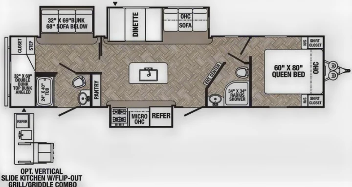 RV rental floor plan: Spacious layout with queen bed, bunkhouse, dinette, kitchen, and two baths. Perfect for family RV trips.. Forest River Palomino Puma 2022