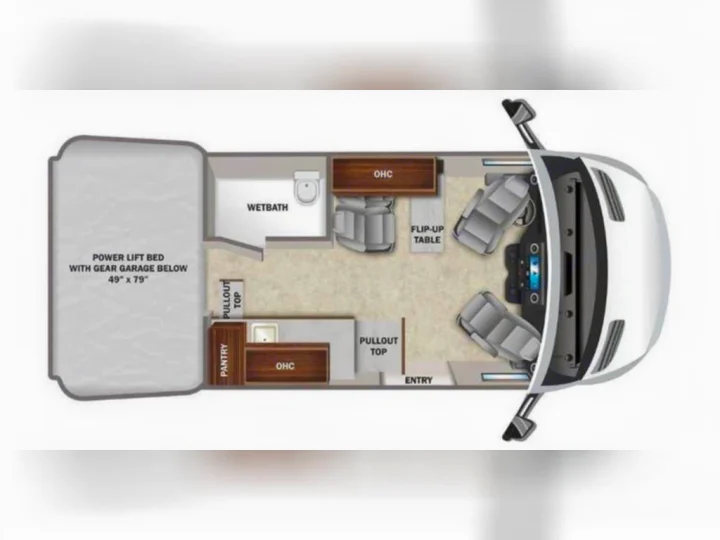 Detailed RV rental floor plan with a power lift bed, wet bath, kitchen, and flip-up table, great for travel.. Mercedes-Benz Entegra Launch 2023