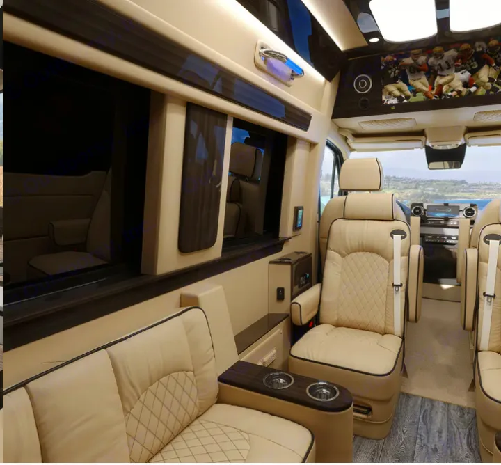 This luxurious RV rental interior boasts cream leather seating with diamond quilting, dark wood trim, and a large entertainment screen.. Ultimate Toys Ultimate Cruiser 2021