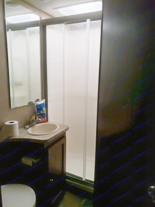 Compact RV rental bathroom features a sink, toilet, mirror, and a textured, translucent shower enclosure, well-lit.. Coachman Leprechaun 2017