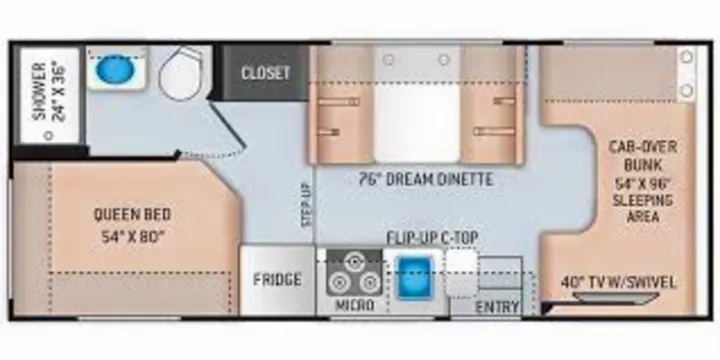 Detailed RV rental floor plan shows queen bed, dinette, cab-over bunk, bath, and kitchen area.. Thor Freedom Elite 2021