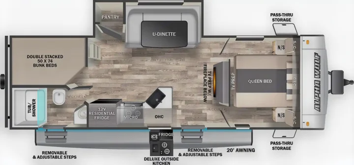 Alpha Wolf RV rental floor plan featuring queen bed, bunk beds, U-dinette, kitchen, bath, & outside amenities.. Forest River Cherokee Alpha Wolf 2022