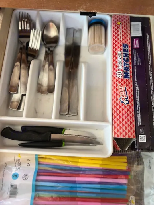 Inside an RV rental's organized drawer: cutlery, BBQ matches, toothpicks, and colorful straws.. Forest River Sunseeker 2016