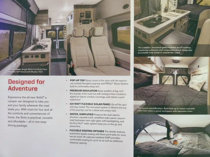Explore this RV rental's versatile Solis camper van interior with pop-up top, Murphy+ bed, and galley for adventure.. Winnebago Solis 2023