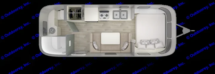 Top-down view of a spacious RV rental interior layout, showcasing kitchen, living, bath, and bedroom areas.. Airstream Sport 2018