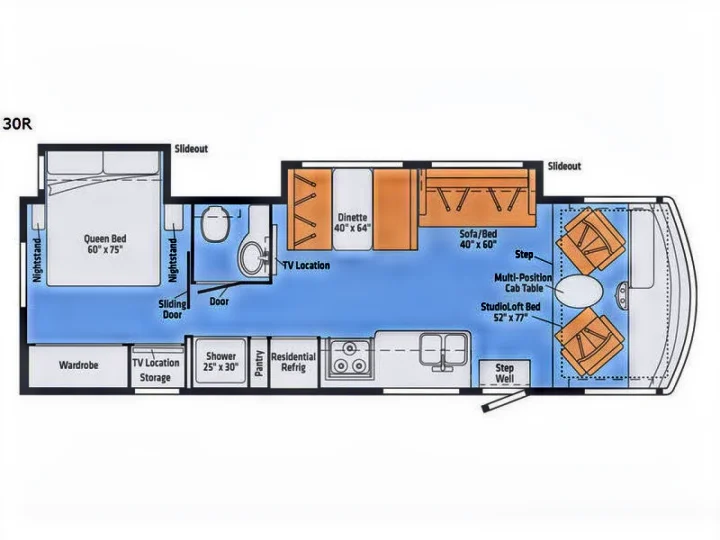RV rental floor plan showcasing a spacious interior layout with a queen bed, kitchen, bathroom, and convertible sleeping areas.. Winnebago Intent 2018