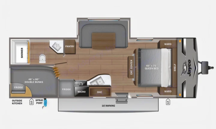Detailed Jayco travel trailer floor plan, ideal for rv rental. Features queen bed, bunks, kitchen, and bath layout.. JAYFLIGHT 242BHSW-G 2023