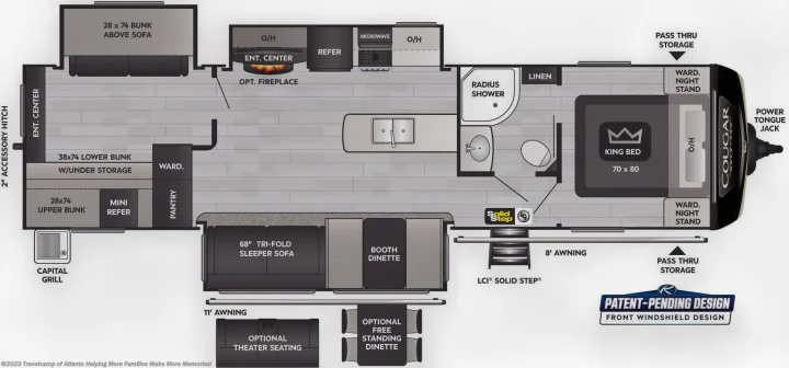 RV rental floor plan: Explore the spacious layout with bunk beds, king bed, kitchen, bath, dinette, & storage options.. Keystone Cougar 2023