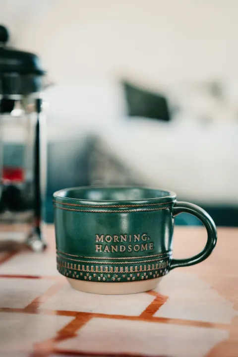 Cozy morning in an RV rental: green 'MORNING, HANDSOME' mug & French press coffee maker.. Jayco Jay 2015