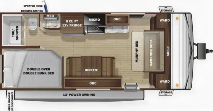 RV rental floor plan: A detailed layout showing a kitchen, bathroom, dinette, and various sleeping options like bunks, sofa, and a Murphy bed.. Highland Ridge RV Open Range 2021