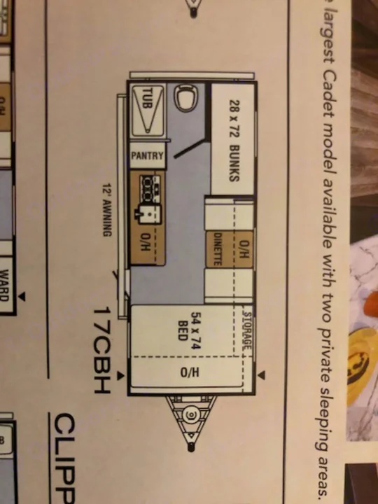 Cadet 17CBH RV rental floor plan: Bunks (28x72), main bed (54x74), dinette, kitchen, and bathroom with tub.. Forest River Coachmen RV Clipper Ultra-Lite 17BH 2022