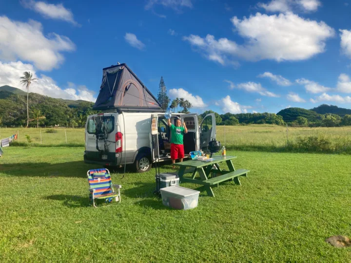This scenic RV rental provides a white camper van with a rooftop tent, picnic setup, and a person giving a thumbs-up in a grassy field.. Custom Ford Transit Van 250 2015