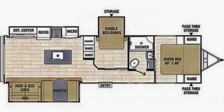 Spacious RV rental floor plan showing living, kitchen, bunk room, queen bed, bath, and storage areas.. Coachmen Other 2020