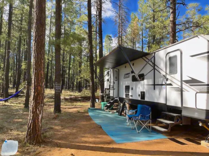 Spacious RV rental parked in a serene forest campsite. Enjoy nature with an awning, chairs, and hammock setup.. Dutchmen Coleman Light 2021