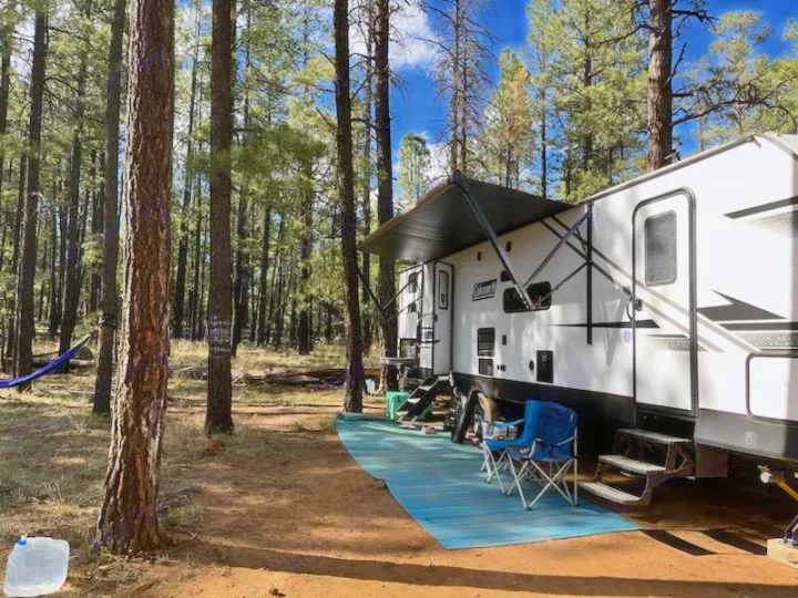 This RV rental is set up in a beautiful pine forest campsite with an extended awning, chairs, and a hammock.. Dutchmen Coleman Light 2021