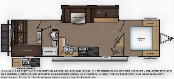 RV rental floorplan showing a spacious bunkhouse, queen bed, kitchen, bath, and dinette for family adventures.. Forest River Coachmen Catalina Legacy 2022