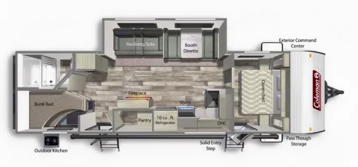 RV rental floorplan displaying interior layout: queen bed, bunk beds, kitchen, bath, and living area.. Dutchmen 285BH 2022