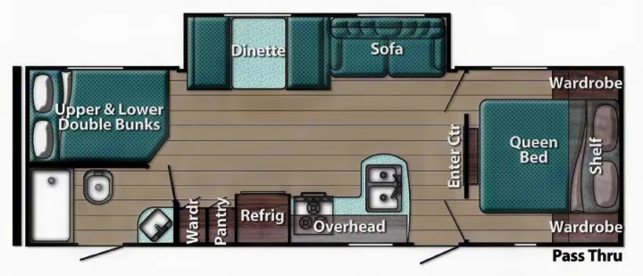 This RV rental floor plan details a spacious interior with a queen bed, double bunks, dinette, sofa, kitchen, and full bath.. Gulf Stream 268BHS 2023
