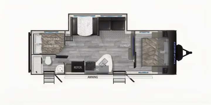 RV rental: Top-down floor plan of a travel trailer, featuring a master bedroom, double bunks, kitchen, and bathroom.. Heartland Pioneer BH270 2023
