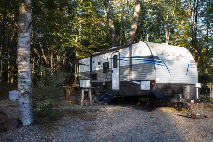 This RV rental, a Prime Time Avenger travel trailer, is parked at a serene, autumn campsite among tall trees.. Avenger ATI 2020