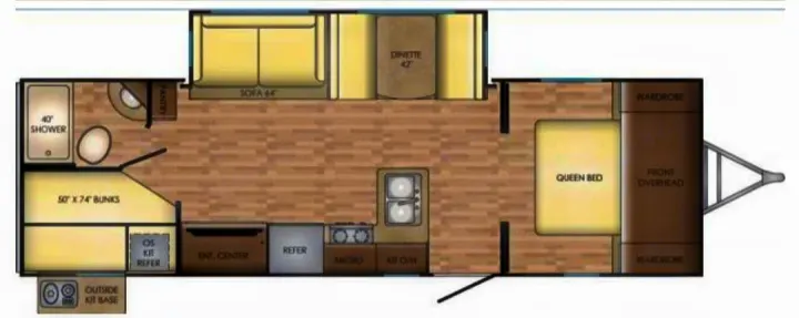 RV rental floor plan: This detailed travel trailer layout shows a queen bed, bunks, kitchen, bathroom, sofa, and dinette.. Crossroads RV Sunset Trail Super Lite 2019