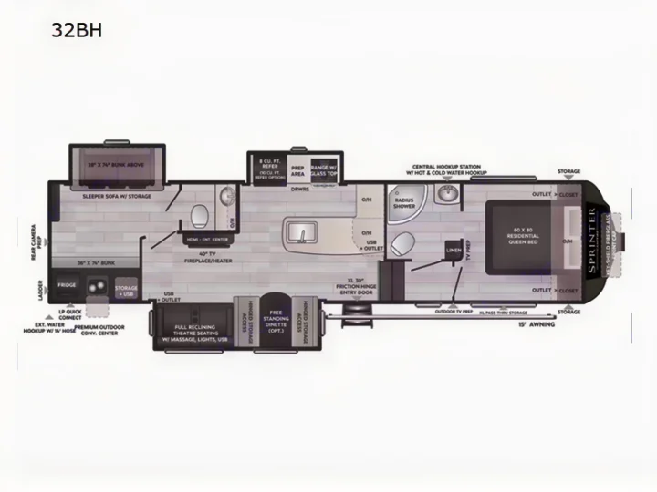Detailed 32BH RV floor plan, ideal for rv rental. Shows bunks, queen bed, kitchen, and living areas. Ideal for families.. Keystone Sprinter 2023