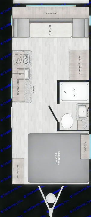 Detailed RV rental floor plan: dinette, kitchen, bath with tub, and queen bed. This travel trailer offers a complete layout.. Crossroads RV Zinger Lite 2022