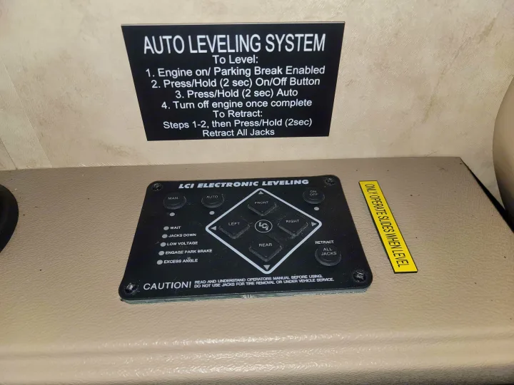 An RV rental's LCI auto-leveling system control panel and instructions for stabilizing the vehicle are shown.. Thor Hurricane 2012