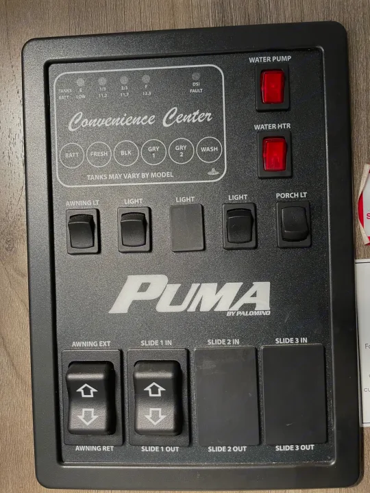 This RV rental convenience center shows controls for water, lights, and slides, with gauges for tank levels—essential camper management.. Forest River Palomino Puma 2019