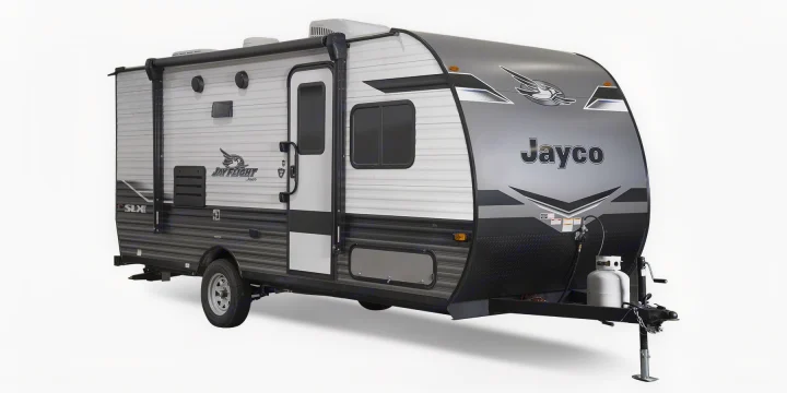 Grey and white Jayco Jay Flight SLX travel trailer, ideal for your RV rental.. Jayco slx 2023