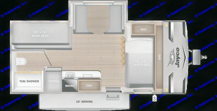 This Jayco RV rental floor plan displays a travel trailer with queen bed, bunk beds, kitchen, bath, and 10' awning.. Jayco slx 2023