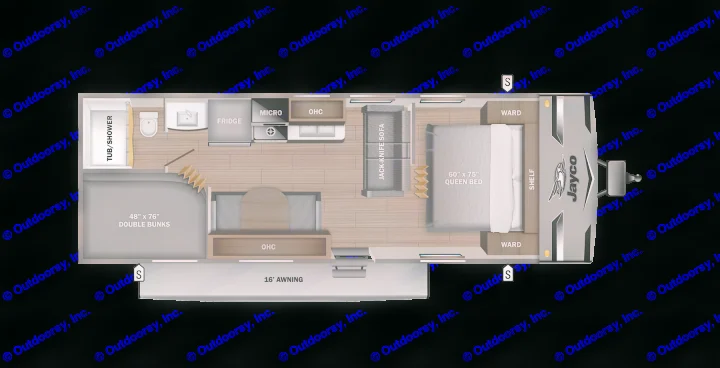 Top-down view of an RV rental floor plan, detailing a queen bed, double bunks, kitchen, and bath, ideal for families.. Jayco Jay Flight 2023
