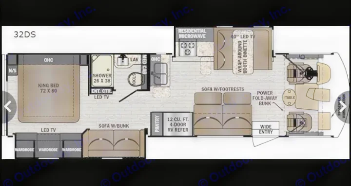 Detailed RV rental floor plan (32DS) showcasing king bed, kitchen, full bath, dinette, sofa, and bunks.. FR3 FR3 Motorhome 2020
