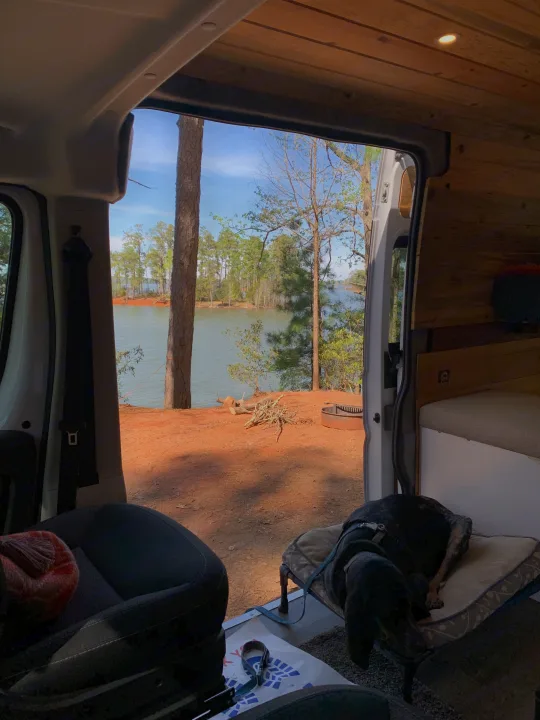 Serene RV rental view: cozy interior, sleeping dog, and a beautiful lakeside camping spot with a fire pit.. Dodge Sprinter Van 2020