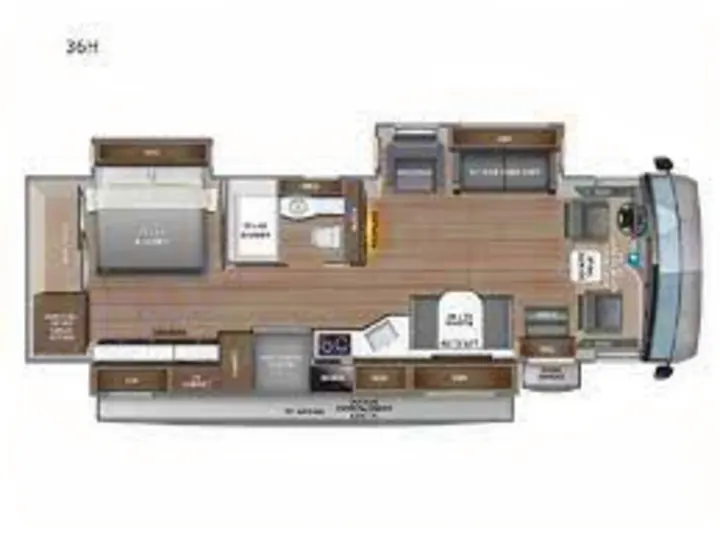 Detailed RV rental floor plan: A 36H motorhome layout showing bedroom, bath, kitchen, and living areas for travel.. Jayco Precept Prestige 2021