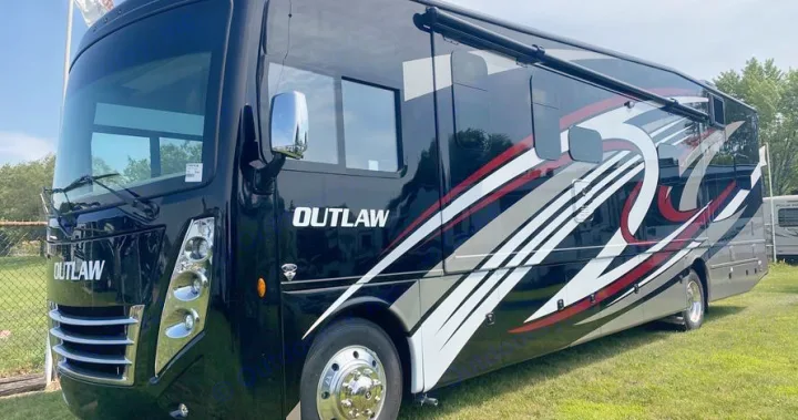 Rent this sleek black Thor Outlaw RV motorhome with bold graphics. Ideal for your next RV rental trip!. Thor Motor Coach Outlaw 2023