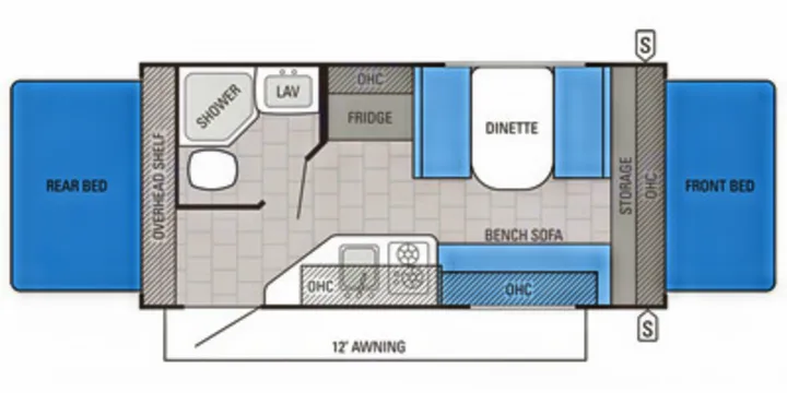 Explore this RV rental's floor plan: front/rear beds, dinette, kitchen, shower. Ideal camper layout for your trip.. Jayco Jay Feather 2016
