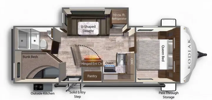 RV rental KODIAK travel trailer floor plan. Features queen bed, bunks, kitchen, U-dinette, and bathroom layout.. Dutchmen Kodiak Ultra Lite 2020