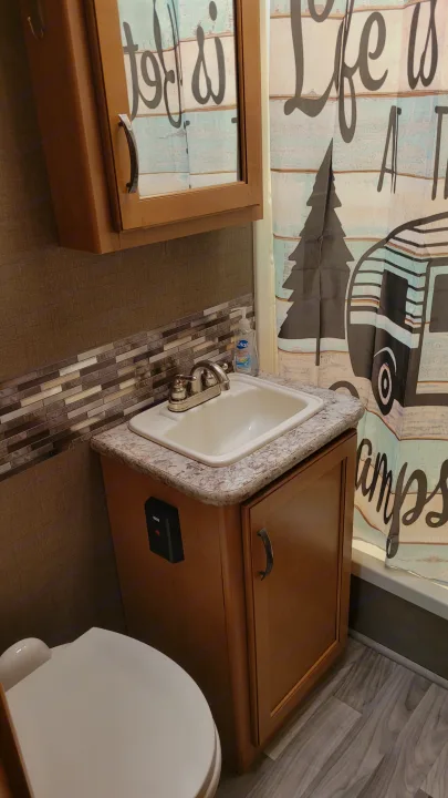 A compact RV rental bathroom showing a white sink, small toilet, and a shower curtain with a camper design.. Thor Freedom Elite 2017