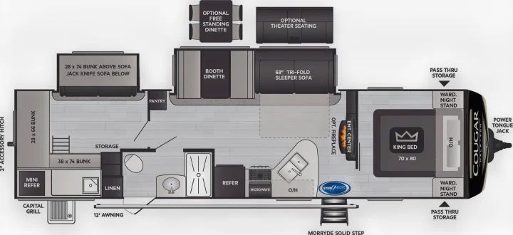 Spacious RV rental floor plan showing a travel trailer layout with a king bed, bunk beds, kitchen, dinette, and living areas.. Keystone Cougar Half-ton 2022